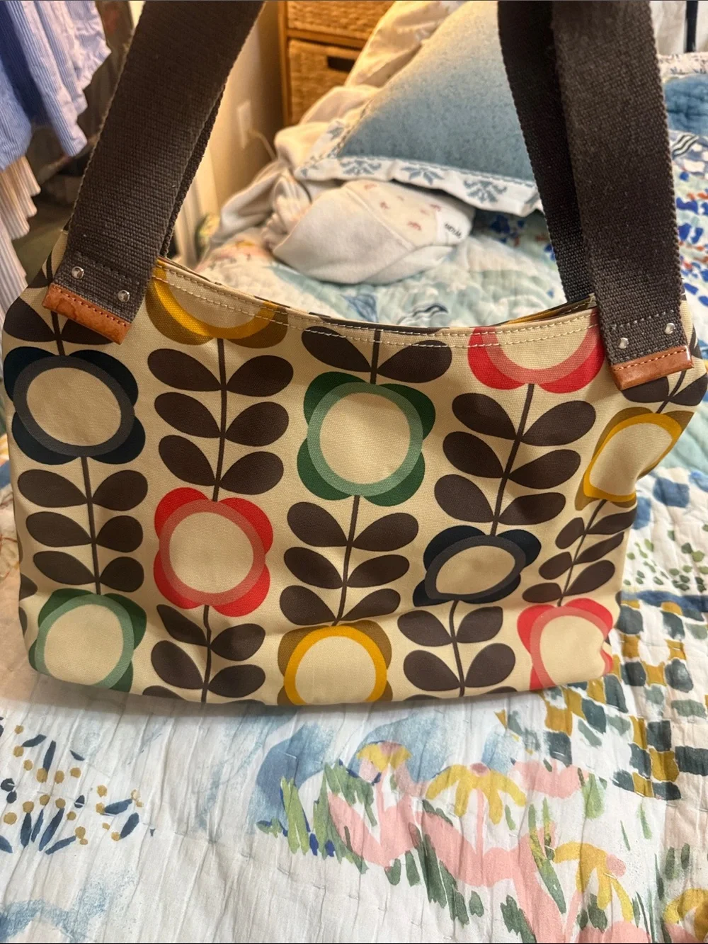Orla Kiely Multicolor Stem Print Shoulder Bag with Brown Straps